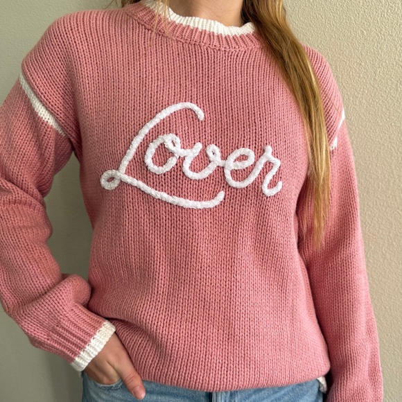 Hand Crafted Sweaters - Hand-embroidered Pink “Lover” sweater, in Rose Pink with white trim and, size L